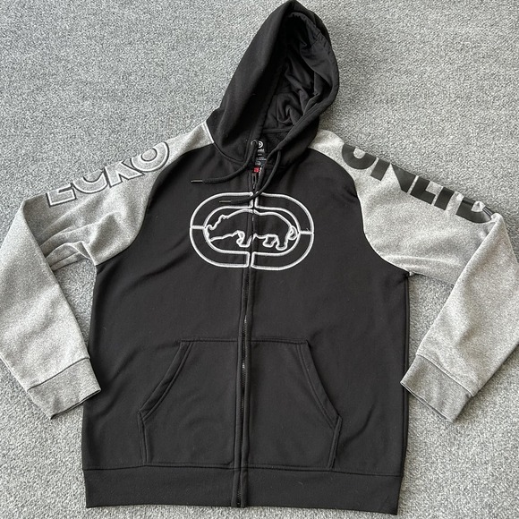 Ecko Unltd Other - Ecko Unltd Hoodie Mens Large Black Gray Rhino Logo Full Zip Sweatshirt Fleece